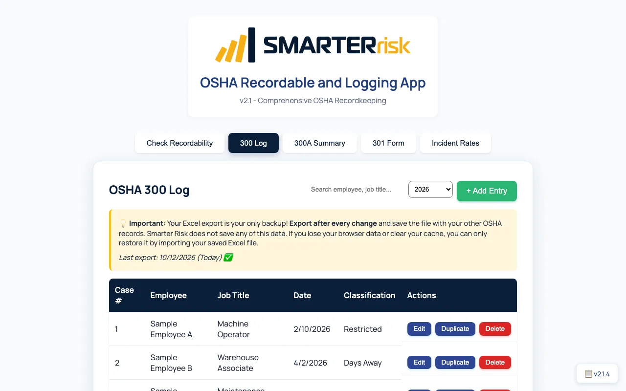 OSHA 300 log software screenshot: the 300 Log tab of the free OSHA Recordable and Logging App listing cases with employee, job title, date and classification, plus Edit, Duplicate and Delete buttons (sample data)