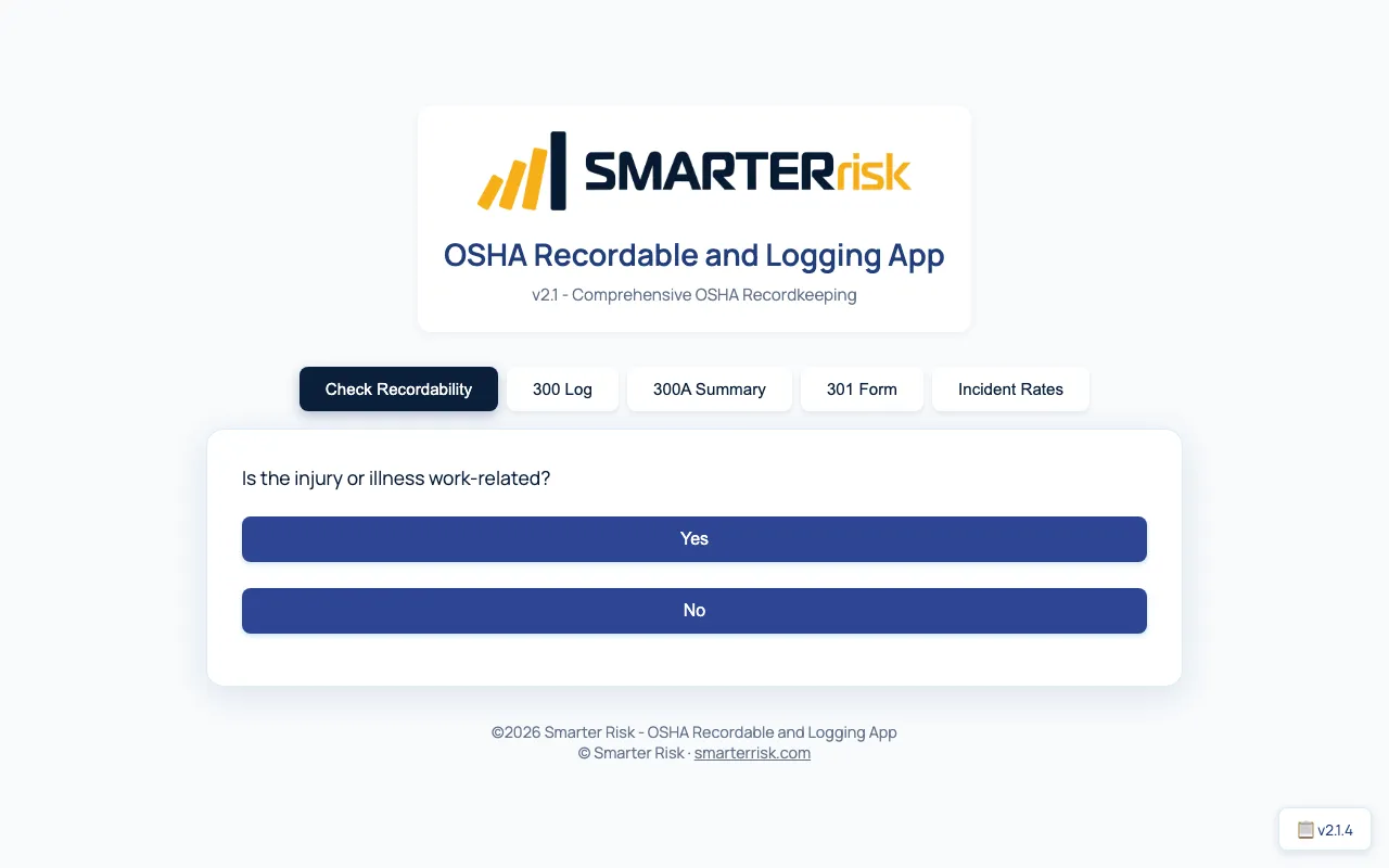 OSHA recordkeeping app screenshot: the Check Recordability tab asking “Is the injury or illness work-related?” with Yes and No buttons, next to the 300 Log, 300A Summary, 301 Form and Incident Rates tabs